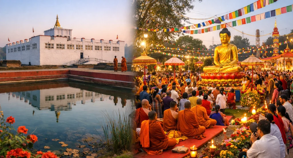 Visitors exploring Lumbini heritage site during pleasant autumn season in Nepal