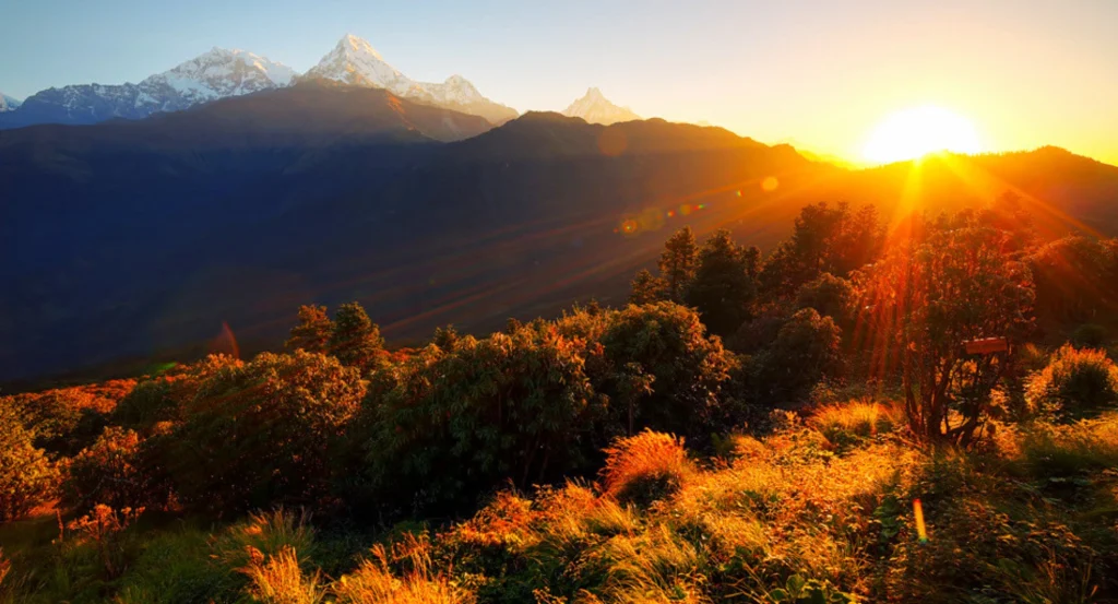 Golden sunrise over the Himalayas seen from Nagarkot viewpoint near Kathmandu