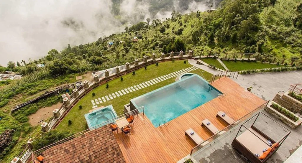 Peaceful hiking trail through pine forest near Nagarkot hill station in Nepal