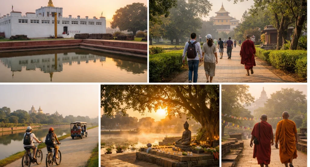 Tourists walking through temples and monasteries while exploring Lumbini pilgrimage site in Nepal