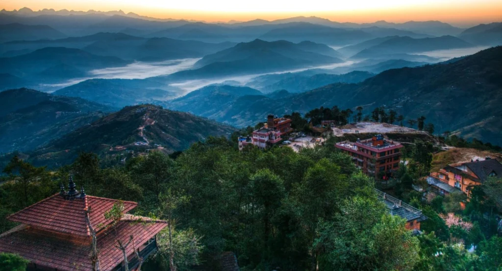 Panoramic Himalayan mountain view from Nagarkot hill station near Kathmandu, Nepal